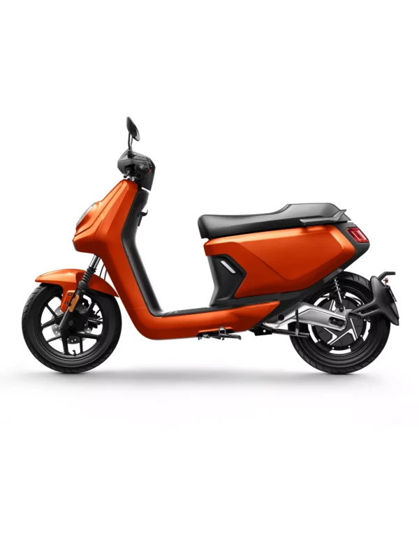 an orange scooter with black wheels