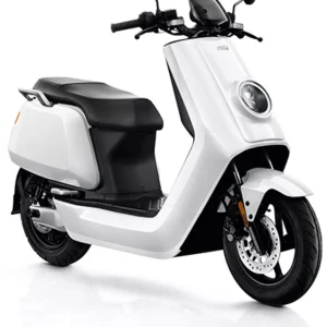 a white scooter with black seat and handlebars